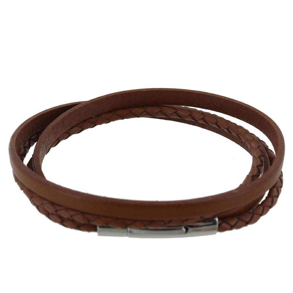 Les POULETTES BIJOUX - Herren Armband Zwei Streifen Leder Flach und Rund Geflochtene Edelstahl Schli