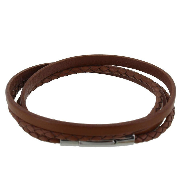 Les POULETTES BIJOUX - Herren Armband Zwei Streifen Leder Flach und Rund Geflochtene Edelstahl Schli