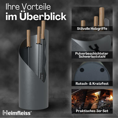 Heimfleiss® Kaminbesteck Modern Grau | Ofenbesteck Kaminbesteck Set | Hochwertiges Kaminset aus Schü