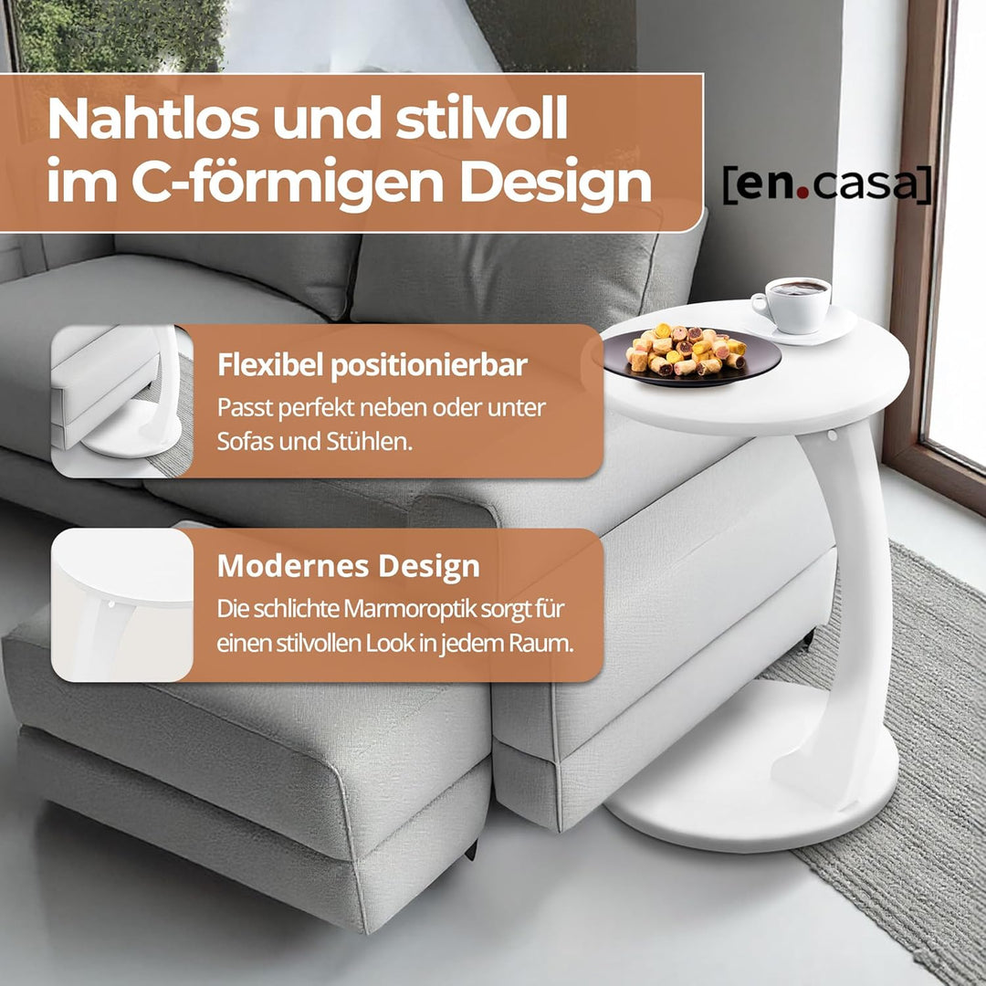 [en.casa] Beistelltisch Holeby Betttisch auf Rollen Laptoptisch Weiss Wohnzimmertisch C-Form Rolltis