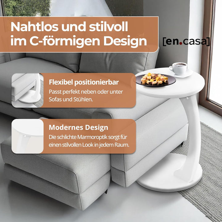 [en.casa] Beistelltisch Holeby Betttisch auf Rollen Laptoptisch Weiss Wohnzimmertisch C-Form Rolltis