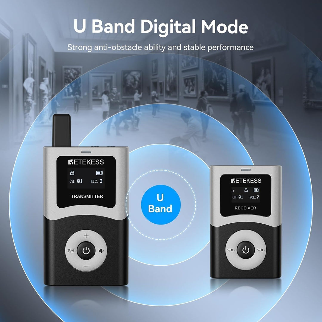 Retekess T130U (T130 4rd) Audio Tour Guide System, Kabelloses Reiseleiter-Set, 200m, U-Band-Modus mi