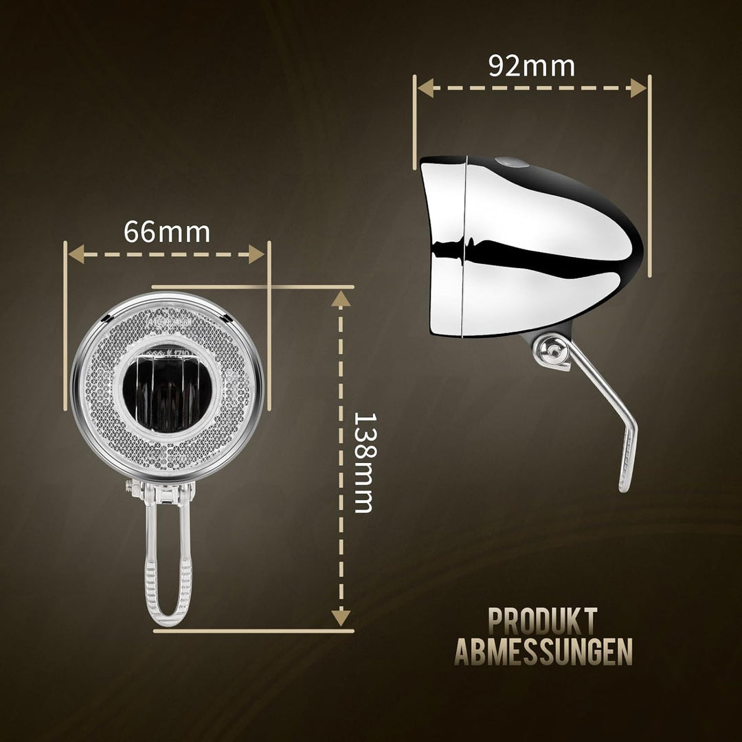 Retro LED Fahrradlicht Vorne, 30 LUX Fahrrad Frontlicht mit 100% / 50% Lichtleistung und 4X AAA Batt