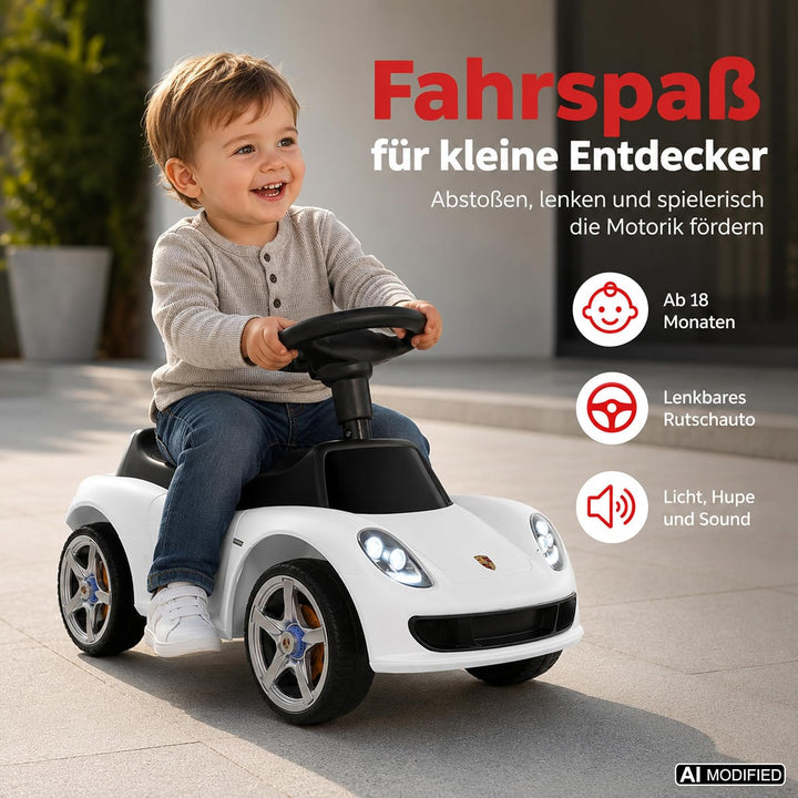 Lemodo, Porsche Carrera GT Rutschauto lizenziert weiss, ab 18 Monaten, Kinderfahrzeug mit Scheinwerf
