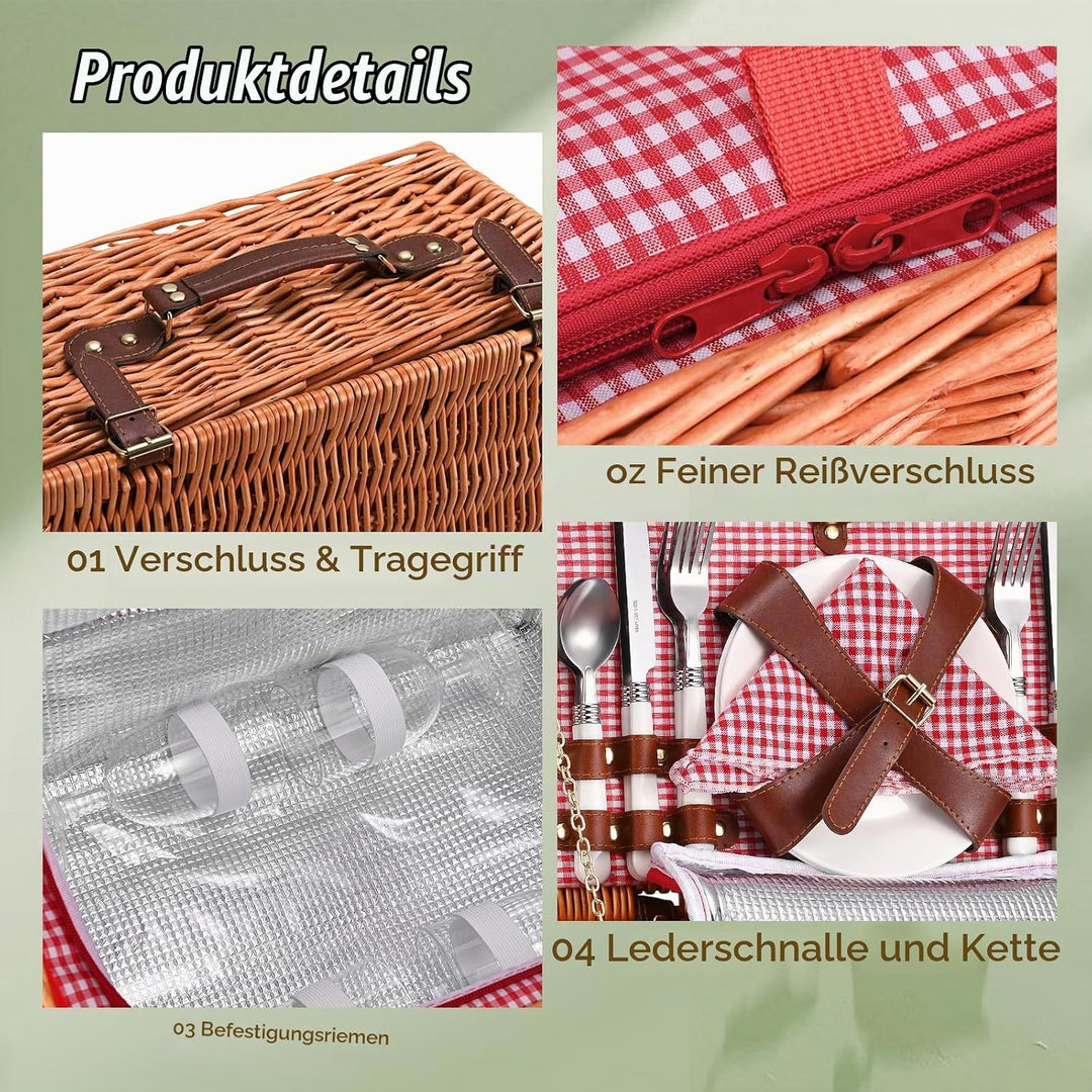 Picknickkorb 4 Personen,Picknickkorb mit Kühlfach und wasserdichte Picknickdecke, Piknik Korb Set mi