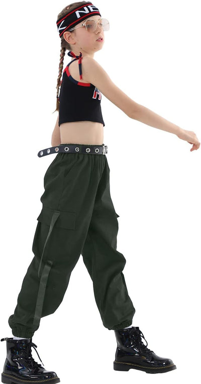 Rolanko Kinder Cargo Hose Elastische Taille Jogger Tanz Hose für Mädchen Streetwear Hip Hop, 122-128