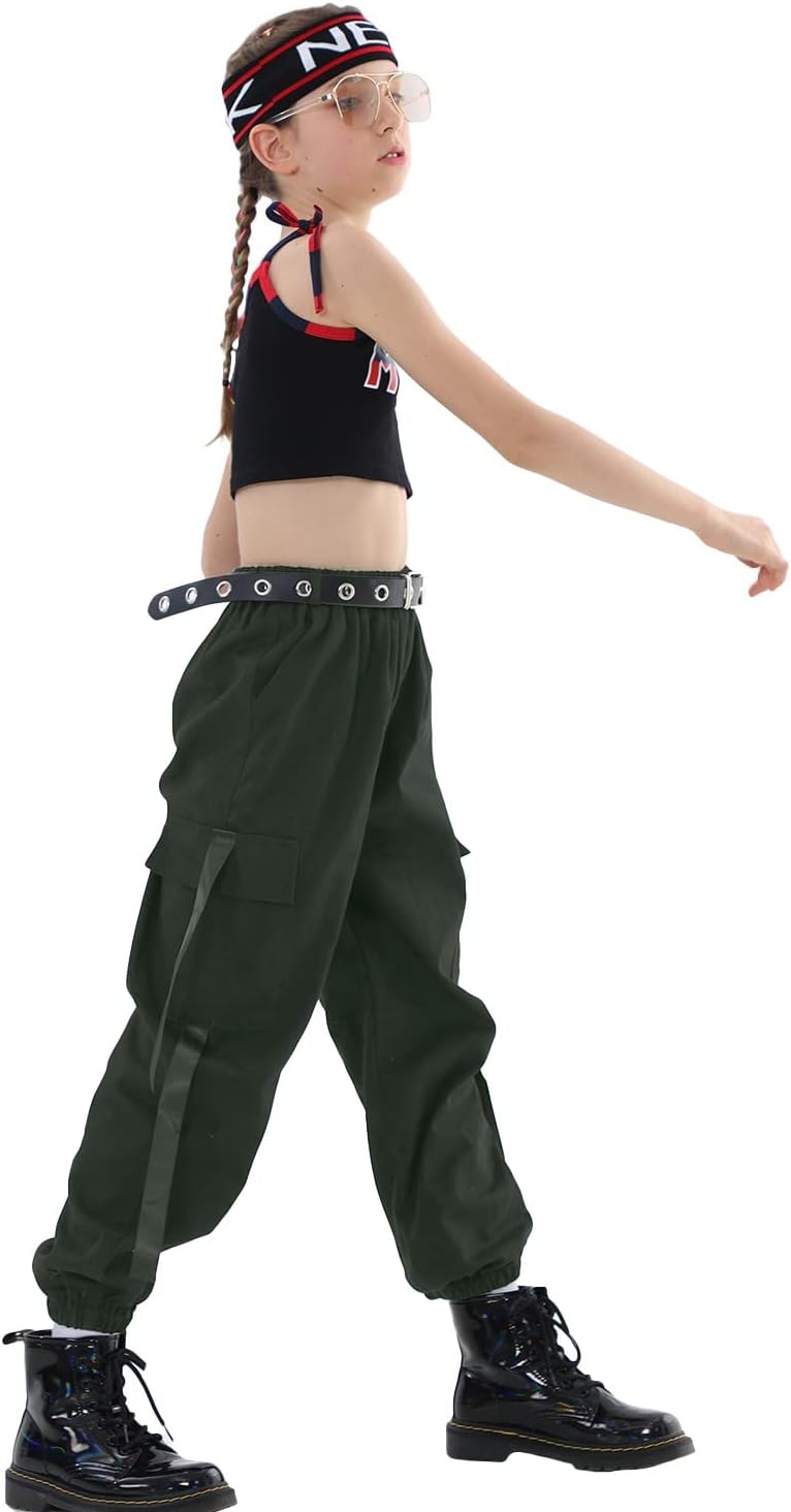 Rolanko Kinder Cargo Hose Elastische Taille Jogger Tanz Hose für Mädchen Streetwear Hip Hop, 122-128