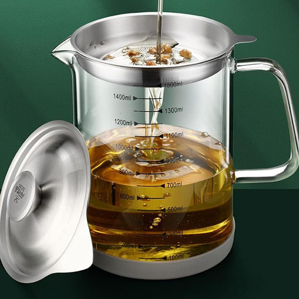 BESTonZON Fetttrennkanne Glas Ölsieb Topf Transparent Kanne mit Sieb 1500ml Behälter Fettbehälter La