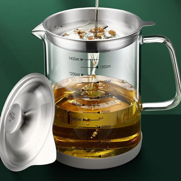 BESTonZON Fetttrennkanne Glas Ölsieb Topf Transparent Kanne mit Sieb 1500ml Behälter Fettbehälter La