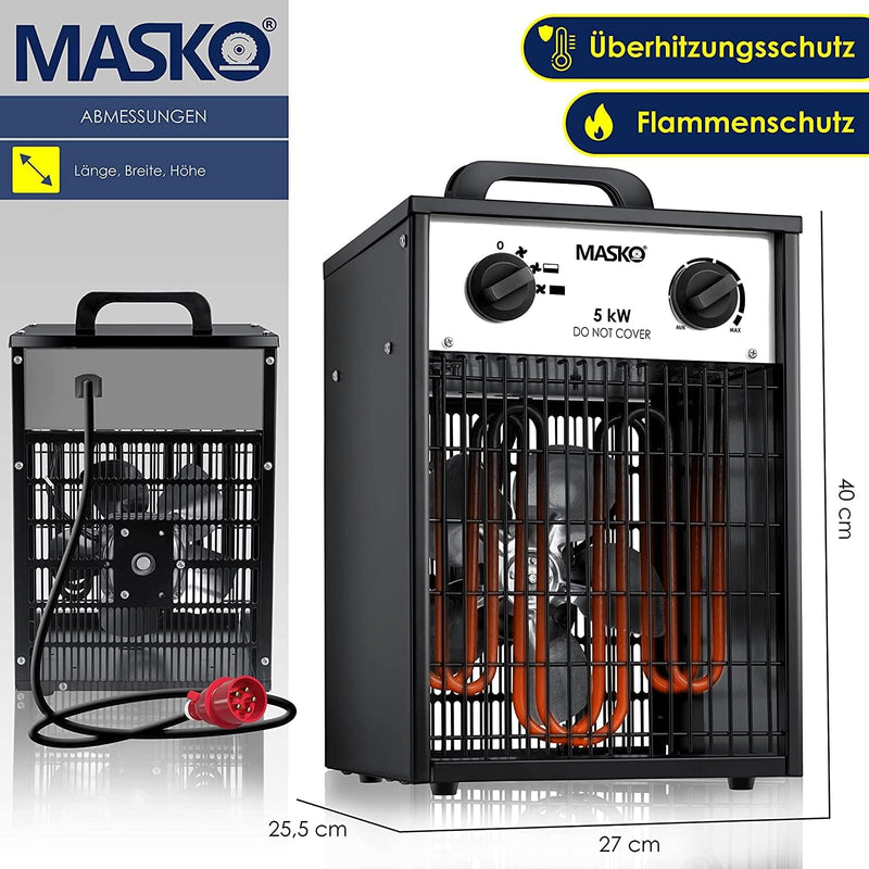 Masko® Elektroheizer Heizlüfter Bauheizer 5 KW mit integriertem Thermostat elektrisch Heizgerät 5000