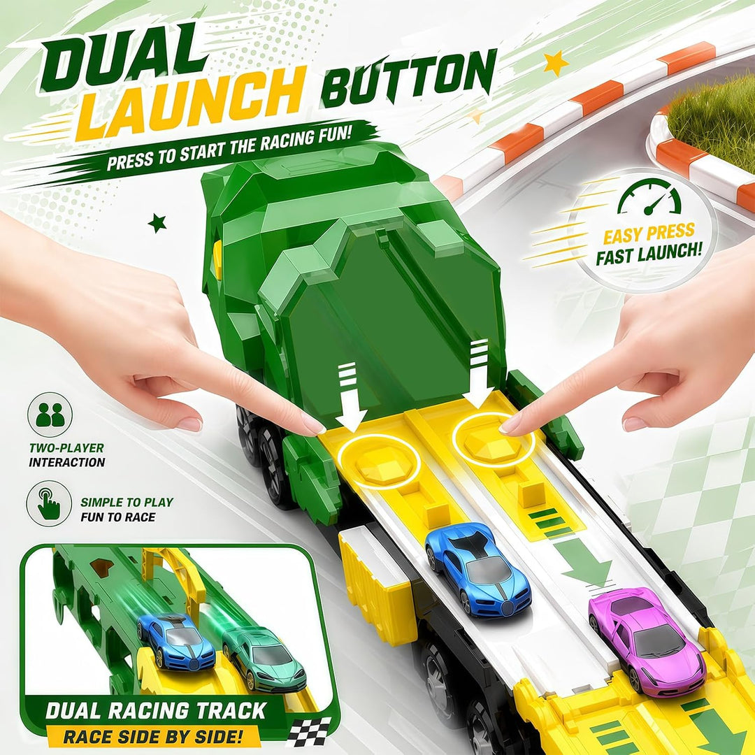 2-in-1 Dino Transporter Truck mit 12 Spielzeugautos 164.5 cm Rennstrecke | Ausklappbares Dinosaurier