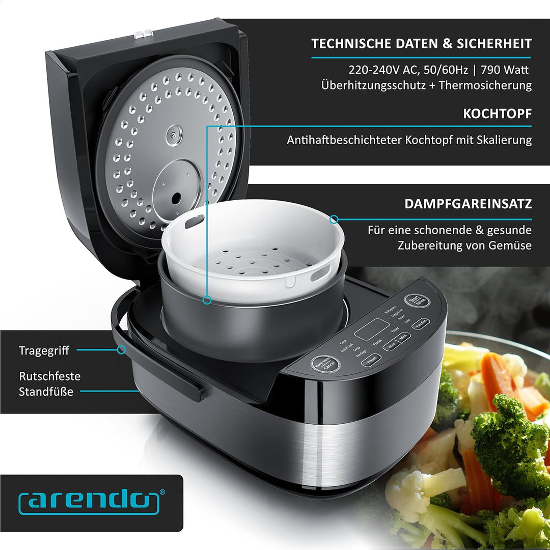 Arendo - Reiskocher Multikocher digital und Dampfgarer 4L – 3D Heizsystem – 8 Programme – Warmhaltef