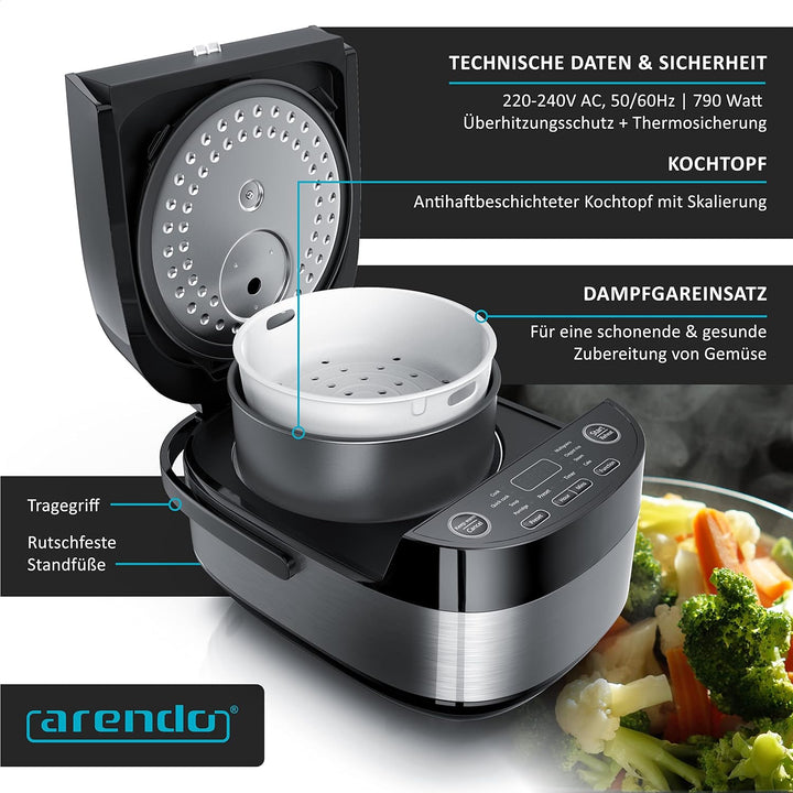 Arendo - Reiskocher Multikocher digital und Dampfgarer 4L – 3D Heizsystem – 8 Programme – Warmhaltef