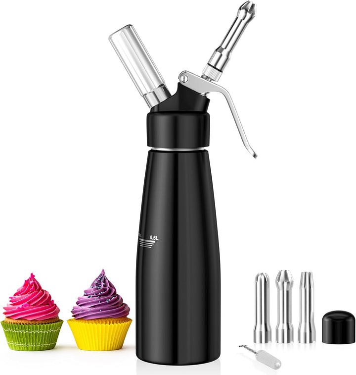 Newaner 500ml sahnespender, Sahnesyphon Aluminium mit 3 Edelstahl Deko-Düsen und 1 Reinigungbürste,