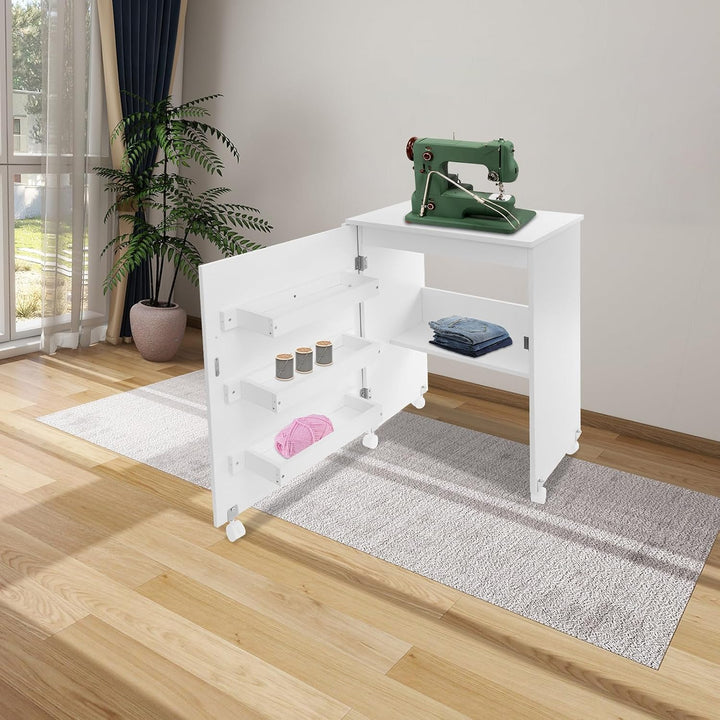 Nähmaschinentisch | Klappbarer Nähtisch 119cm | 3 Boxen &amp; Rollen | Weiss E1 | 5 Universalrollen (3 m