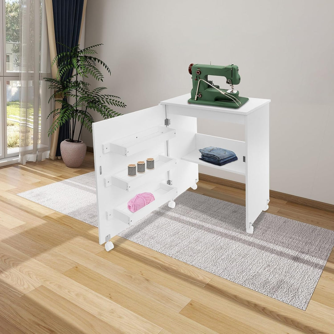 Nähtisch klappbar, Nähschrank Holz mit 3 Aufbewahrungsboxen &amp; Regal, magnetische Tür, 5 Rollen (3 mi