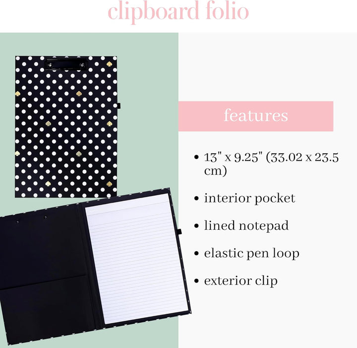 Kate Spade New York Clipboard Folio with Low Profile Clip, Black Professional Padfolio Includes Line