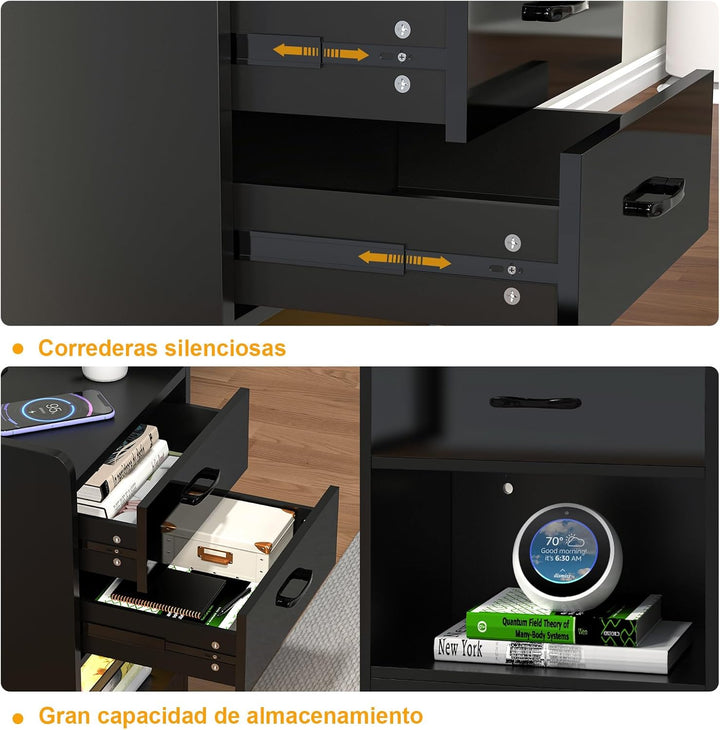 Nachttisch mit LED Licht, Nachttisch mit Ladestation, Nachtschrank mit Steckdosen USB Anschlüsse, Na