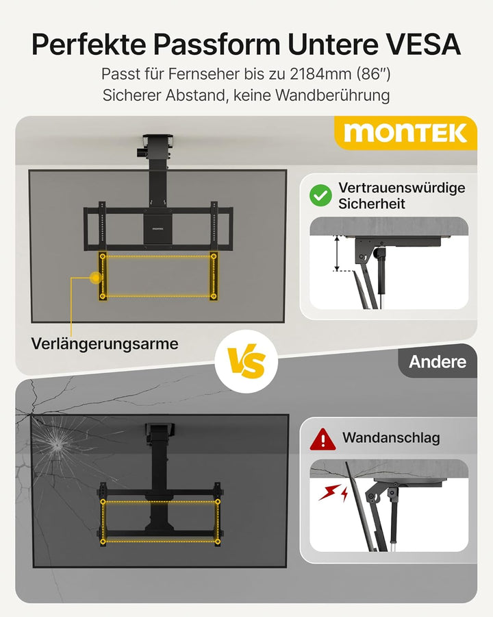 monTEK Motorisierte TV Deckenhalterung von 43-86 Zoll, hochbelastbar bis 55 kg, kompatibel mit Off-C