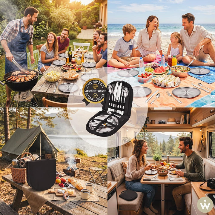 [23-teilig für 4 Personen] Camping Besteckset. Edelstahl-Gabeln, Messer und Löffel. Inklusive tragba