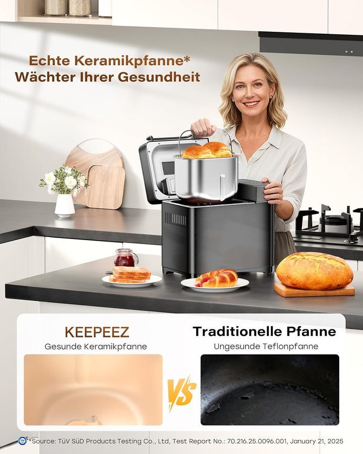 Premium 710W Konvektions-Brotbackautomat mit Gesundem Keramik-Backform, 17-in-1 Edelstahl Brotmaschi