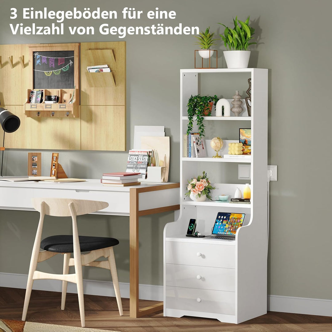 PIPIPOXER Nachttisch Mit Steckdose & USB, Weiss Hochglanz Mit 3 Schubladen, Modern für Wohn- und Sch