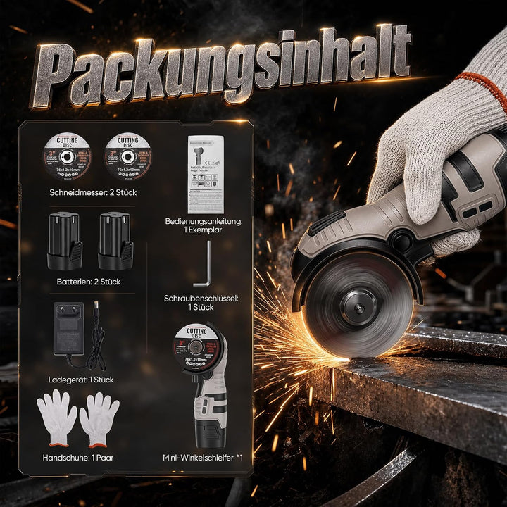 Mini Winkelschleifer Akku, 28500 U/min Bürstenloser Motor, 3 Zoll/76mm Akkuflex mit 2x 2000mAh Akkus