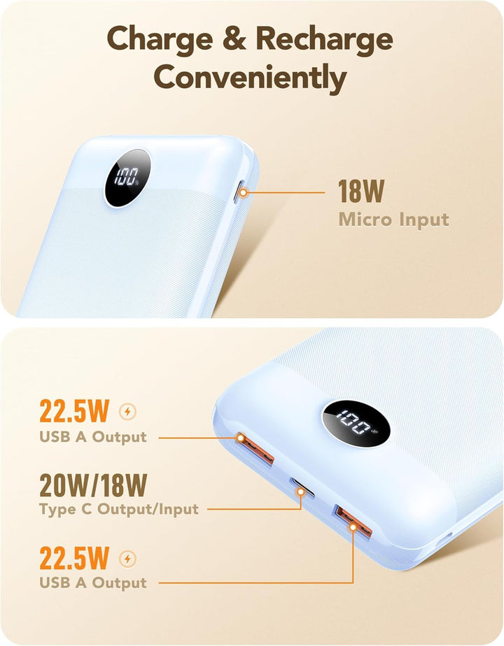VEGER Power Bank 20000mAh klein 22.5W, Powerbank USB C Schnelles Aufladen Externe Handyakkus PD/QC3.