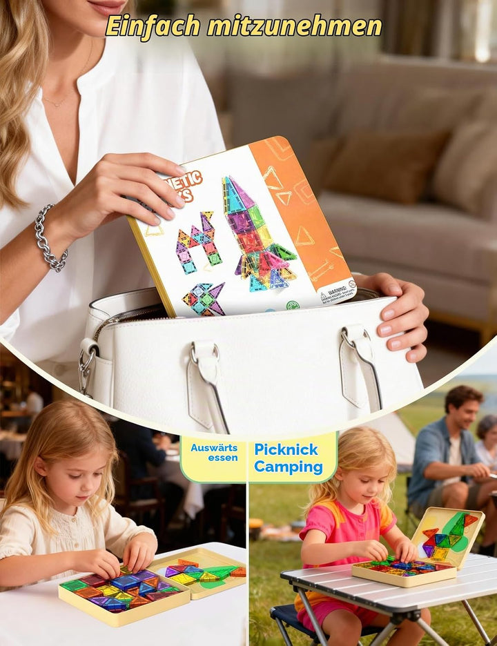 Magnetische Fliesen 60 Stück, Mini Magnetbausteine ReiseSet, Magnetbausteine für Kinder Kreatives Sp