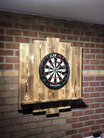 Wooden Dartboard Surround | Premium Dart-Wandschutz & Tablet-Halter (Optional) | Geflammter Burned L