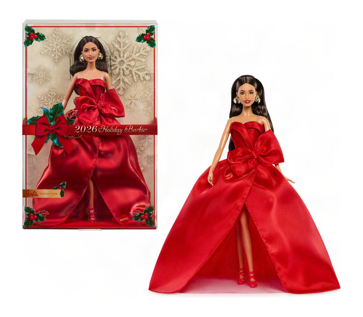 Barbie Signature Puppe, Holiday 2026, braunhaarige Modepuppe | mit Schleifenkleid in Rot, saisonale