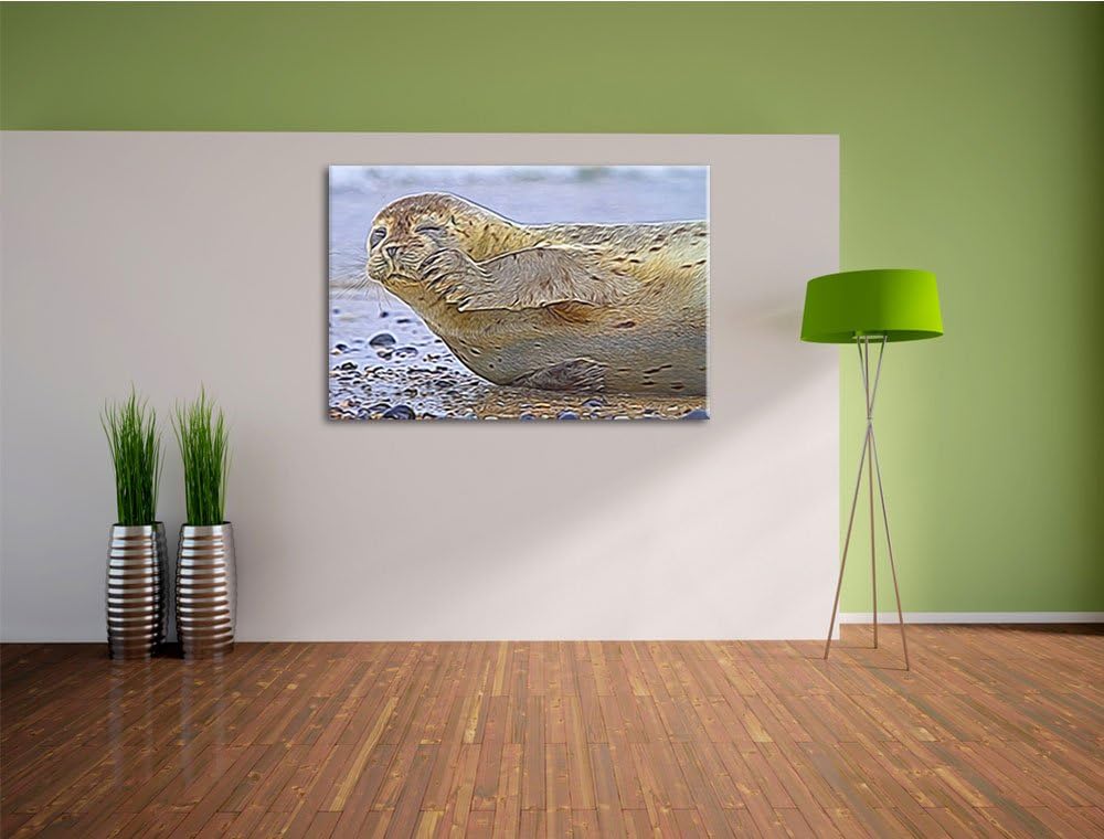 süsse Robbe beim Putzen Spezial Format: 100x70 cm auf Leinwand, XXL riesige Bilder fertig gerahmt mi