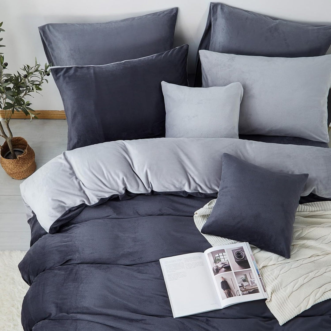 Freyamy Plüsch Bettwäsche 155x220cm Grau Hellgrau Flanell Flauschige Winterbettwäsche Samt Biber Cas