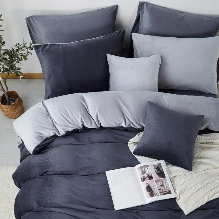 Freyamy Plüsch Bettwäsche 155x220cm Grau Hellgrau Flanell Flauschige Winterbettwäsche Samt Biber Cas