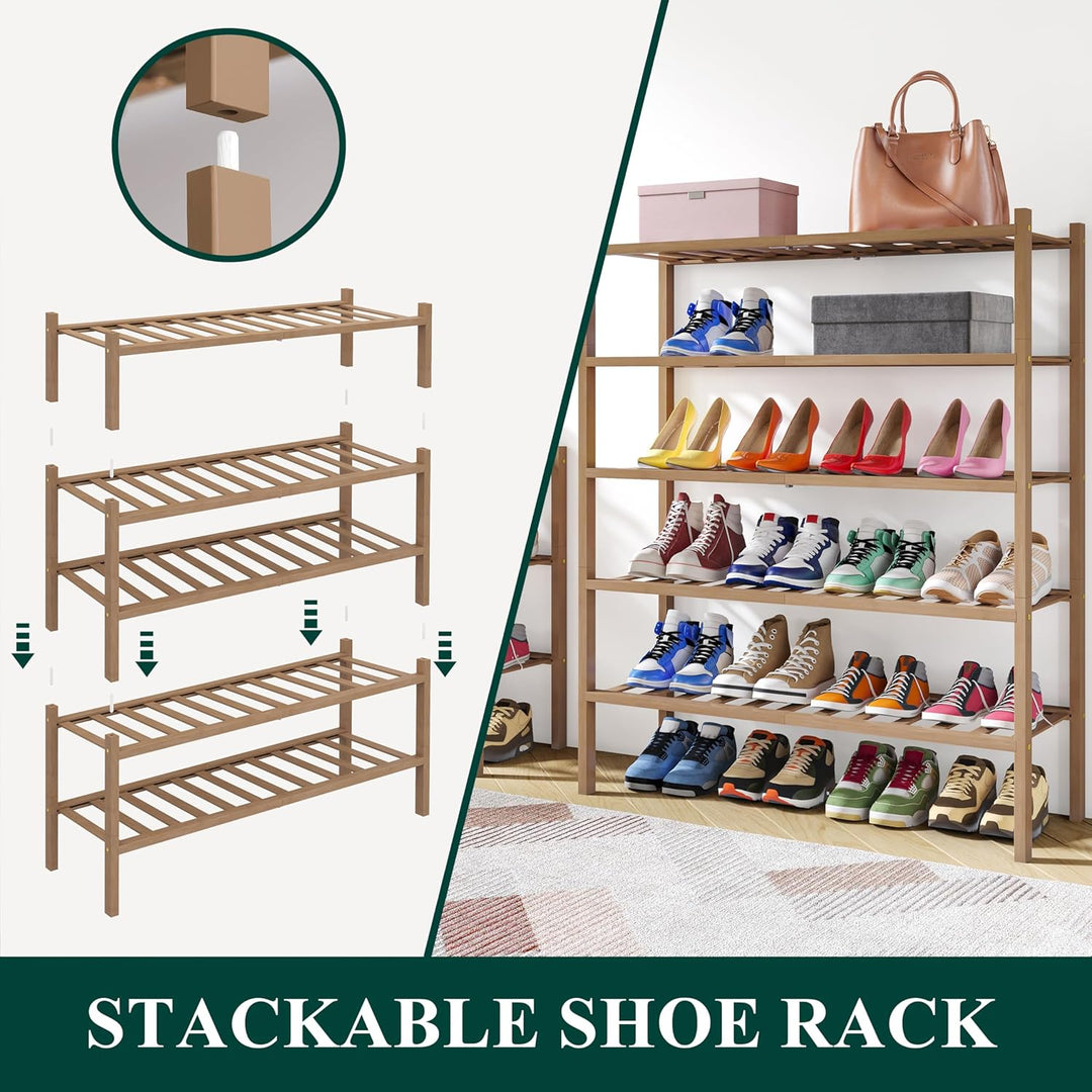 smiry Schuhregal mit 3 Ebenen, Platzsparende Schuhablage, Stapelbar Schuhorganizer, Bambus Regal für