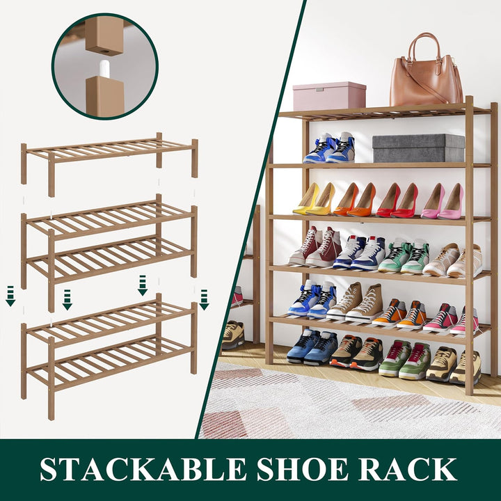 smiry Schuhregal mit 3 Ebenen, Platzsparende Schuhablage, Stapelbar Schuhorganizer, Bambus Regal für