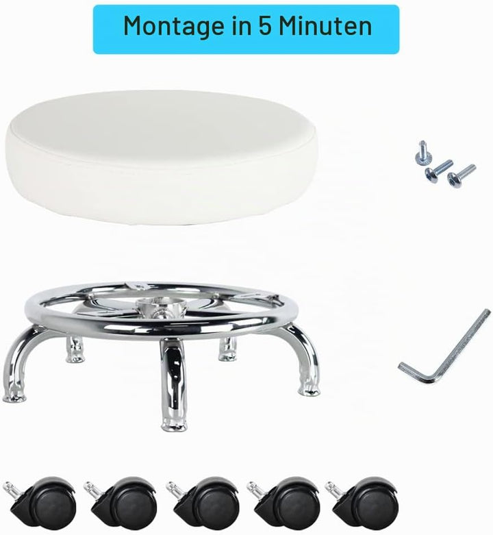 WKWKER Rollsitz PU Leder Low Round Rollhocker Kleiner Hocker mit Universal Drehrollen Rollen für Hom