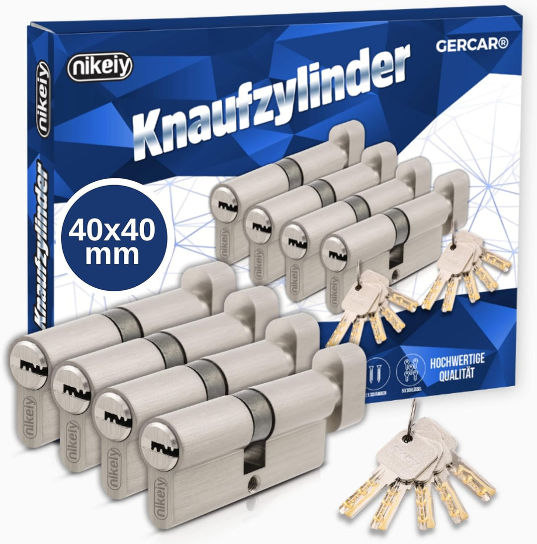 GERCAR Pro 4er Set Knaufzylinder gleichschliessend 80mm Schliesszylinder mit Knauf 40/40 Zylinder -