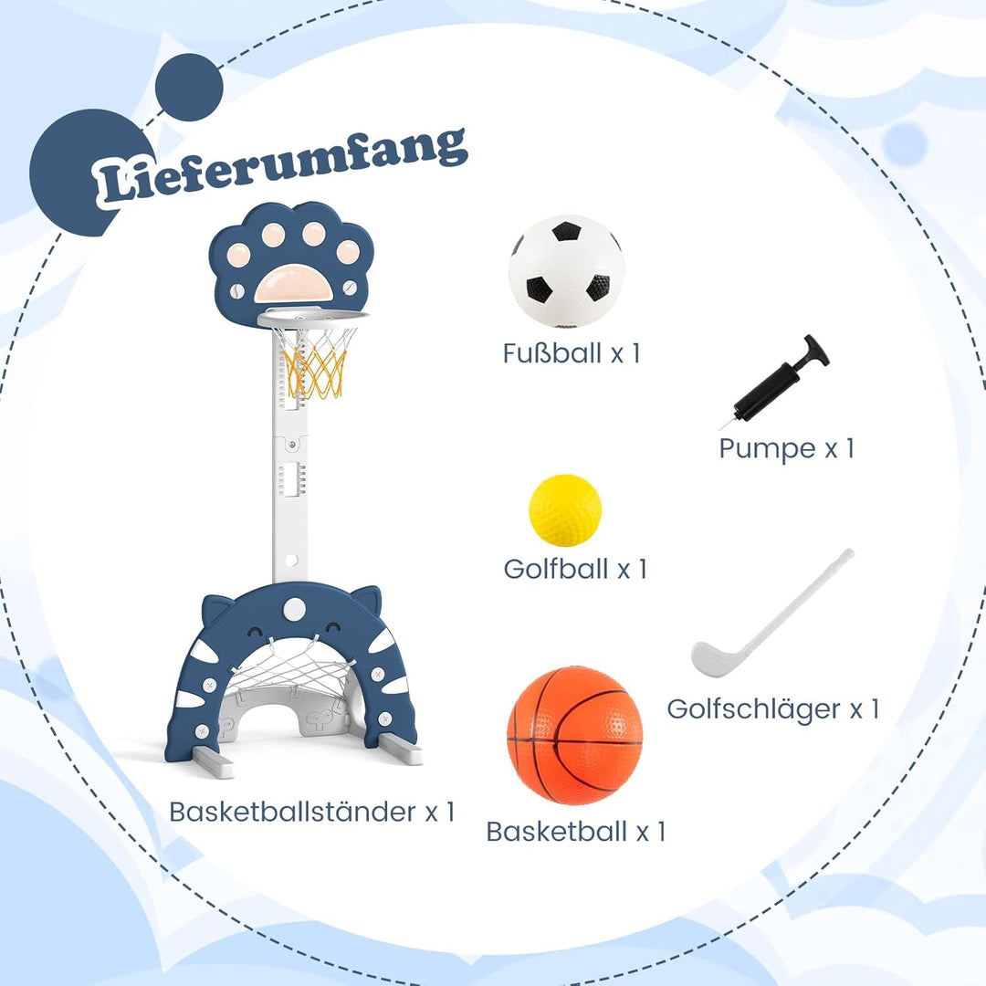 COSTWAY 3 in 1 Kinder Basketballkorb, Basketballständer mit Basketball & Fussball & Golfspiel, Indoo