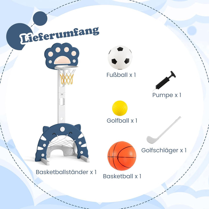 COSTWAY 3 in 1 Kinder Basketballkorb, Basketballständer mit Basketball & Fussball & Golfspiel, Indoo