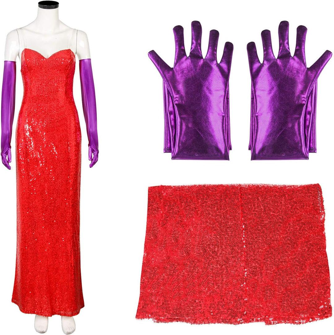 NUWIND Jessica Rabbit Damen Kleid Rot Sexy Pailletten Kostüm Tube Top Kleid Set Erwachsene Halloween