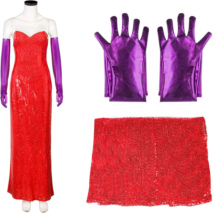 NUWIND Jessica Rabbit Damen Kleid Rot Sexy Pailletten Kostüm Tube Top Kleid Set Erwachsene Halloween