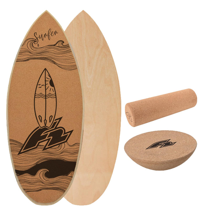 F2 Kork Balance Boards mit Korkrolle + Kork Halbkugel - Modell wählbar Surf 84x31cm, Surf 84x31cm