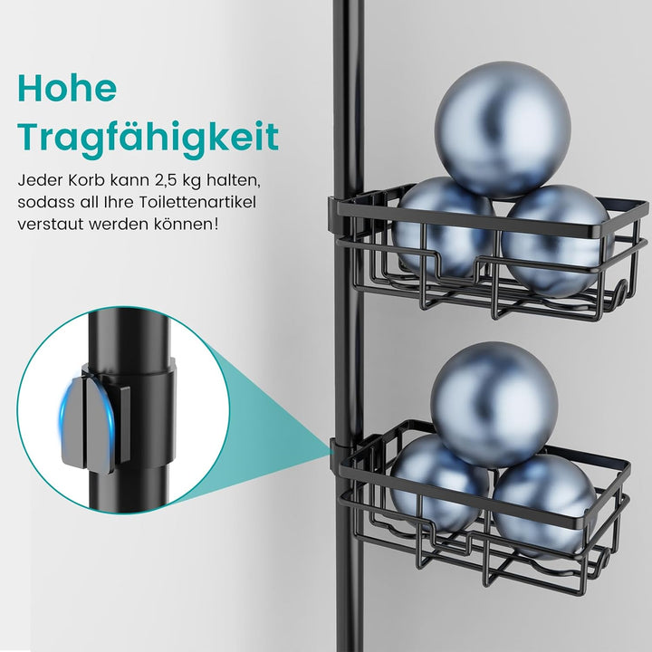 Mixoo Teleskop Duschregal-Duschablage Ohne Bohren mit 6 Stück Duschkorb, 30.5-111.9in Teleskopregal