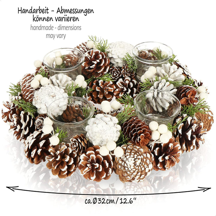 COM-FOUR® Tischkranz für Weihnachten - weisser Adventskranz mit Zapfen - Dekokranz mit 4 Teelichthal