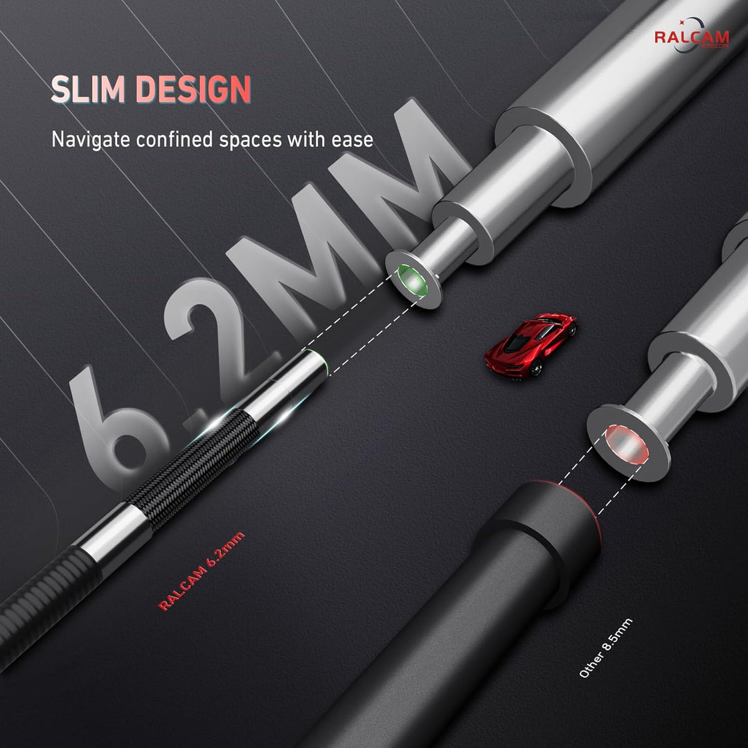 Ralcam Endoskopkamera mit Licht, Endoscope Camera mit 210° beweglichem Kopf, 6.2mm Sonde, 5" HD Bild