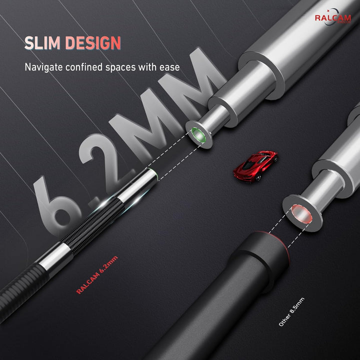 Ralcam Endoskopkamera mit Licht, Endoscope Camera mit 210° beweglichem Kopf, 6.2mm Sonde, 5" HD Bild