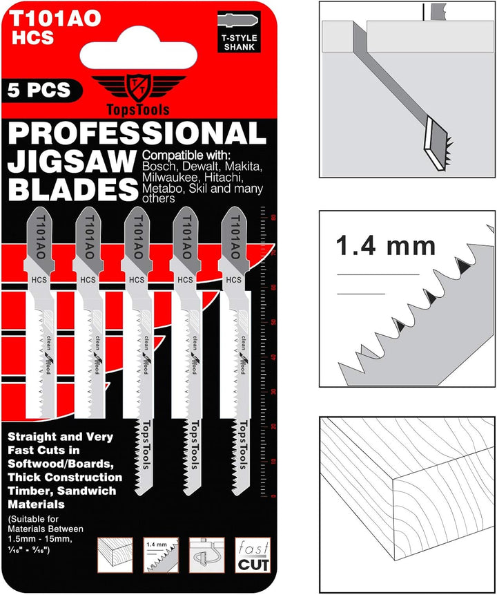 25 x TopsTools T101AO Stichsägeblätter für gerade und gebogene Schnitte kompatibel mit Bosch Dewalt