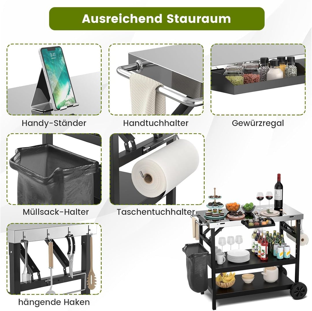 COSTWAY Grilltisch mit 3 Ablagen, Grillwagen mit Verstellbarer Ablage, Telefonständer, Gewürzregal,