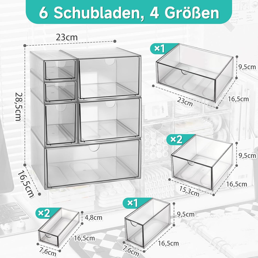 Acryl Schreibtisch Organizer mit 6-Schubladen, Make up Organizer Kunststoff, 23x16,5x28,5 cm, Klare